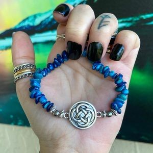 Blue coral chips & celtic knot coin charm bracelet